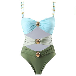 Women’s Metal Design 2 Piece Cut Out Color Block Sexy Swimsuit With Cover Up Skirt