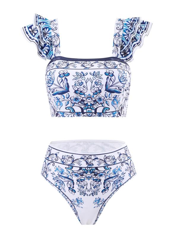 Three-piece Set Women's Floral Print Swimsuit Set, Boho Fashion Layered Ruffle Trim Swim Top & Swim Panty & Cover Up Skirt Set, Three-piece Swimwear for Beach Holiday Vacation, Bikini Sets, Modest Swimming Wear, Bathing Suits, Bikinis Sets