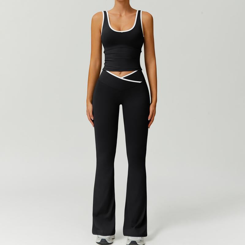 Color Block U-Neck Piped Tank & Bell Bottom Set , Stretch Fabric, Flared Fit , Yoga, Gym, Outdoor & Daily Athleisure , Wome Stylish Activewearn's Summer Lounge Sweatsuits Sleeveless Exercise
