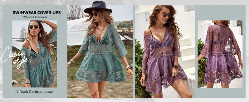 Women's Contrast Lace Bathing Suit Cover Up V-Neck Swimsuit Coverups Loose Swimwear Beach Dress Beachwear Deals for You Days