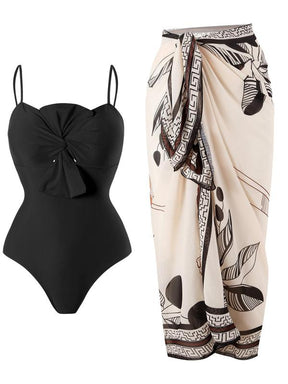 Women's Solid Twist One-piece Swimwear & Leaf Print Tie Front Cover Up Skirt Set, Boho Fashion Adjustable Strap Swimwear Set for Beach Holiday Vacation, Ladies Swimsuit for All Seasons