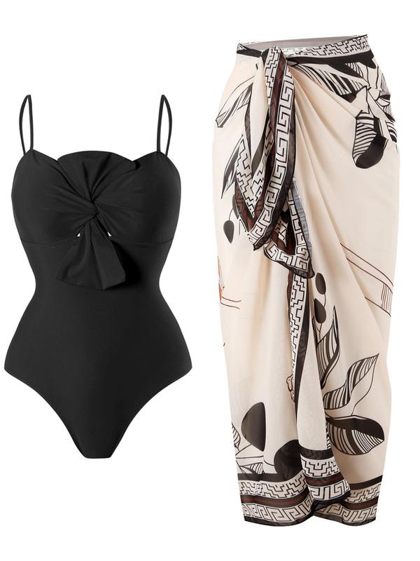 Women's Solid Twist One-piece Swimwear & Leaf Print Tie Front Cover Up Skirt Set, Boho Fashion Adjustable Strap Swimwear Set for Beach Holiday Vacation, Ladies Swimsuit for All Seasons