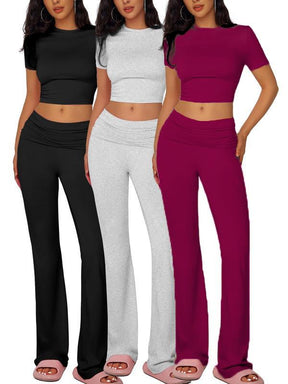 Yoga Women's two-piece casual wear slim fit short sleeved top, low waist bell bottom pants tight pants set, yoga sportswear set, yoga suit, sportswear, slim fit set, fitness set, pajamas set   tracksuits men Loungewear Womenswear Outfit