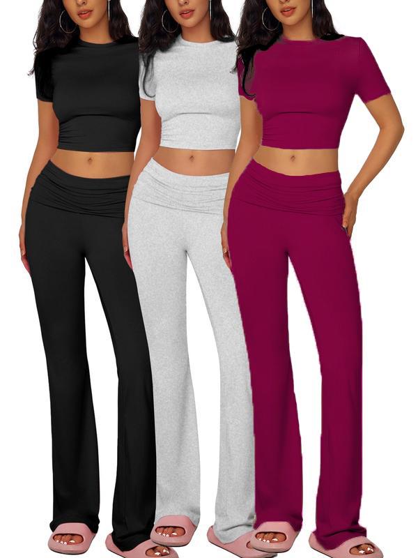 Yoga Women's two-piece casual wear slim fit short sleeved top, low waist bell bottom pants tight pants set, yoga sportswear set, yoga suit, sportswear, slim fit set, fitness set, pajamas set   tracksuits men Loungewear Womenswear Outfit