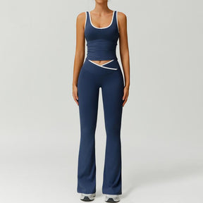 Color Block U-Neck Piped Tank & Bell Bottom Set , Stretch Fabric, Flared Fit , Yoga, Gym, Outdoor & Daily Athleisure , Wome Stylish Activewearn's Summer Lounge Sweatsuits Sleeveless Exercise
