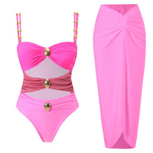 Women’s Metal Design 2 Piece Cut Out Color Block Sexy Swimsuit With Cover Up Skirt
