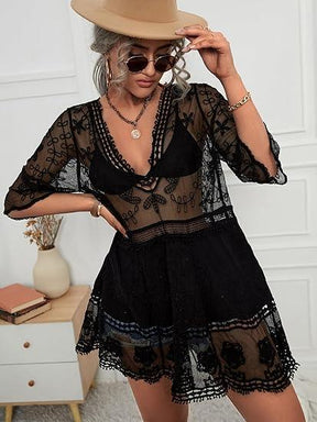 Women's Contrast Lace Bathing Suit Cover Up V-Neck Swimsuit Coverups Loose Swimwear Beach Dress Beachwear Deals for You Days