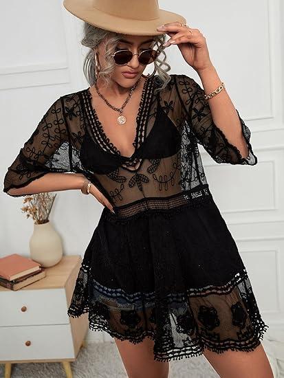 Women's Contrast Lace Bathing Suit Cover Up V-Neck Swimsuit Coverups Loose Swimwear Beach Dress Beachwear Deals for You Days