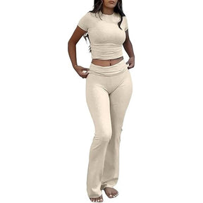Yoga Women's two-piece casual wear slim fit short sleeved top, low waist bell bottom pants tight pants set, yoga sportswear set, yoga suit, sportswear, slim fit set, fitness set, pajamas set   tracksuits men Loungewear Womenswear Outfit
