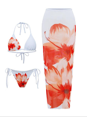 Women's Floral Print Halter Bikini Set, Casual Tie Back Contrast Mesh Swim Top & Tie Side Swim Bottom & Cover Up Skirt Set, Ladies Swimsuit for Beach Holiday Vacation, Bikinis Sets, Halter Top Swimwear, Bikini Outfits, Floral Tropical Bikini