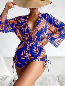Women's Tropical Print Bikini Set, Halter Neck Tie Back Triangle Bra & Drawstring Side High Waist Romper & High Cut Swim Panty Swimsuit Sets, Beach Bathing Suit, Women's Swimwear, Summer Swimsuit Style Beach Bikini, Swim Top Set