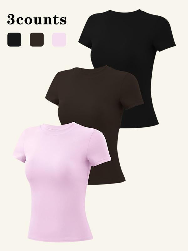 Women's Solid Color Round Neck Sports Tee, Quick Drying Breathable Crew Neck T-Shirt for Yoga Gym Workout Running, Ladies Sportswear for Summer, Sporty T Shirt