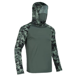 Sun UV Protection Hoodie Shirts, UPF 50+ Men Raglan Long Sleeve Lightweight Quick Dry Breathable Cooling Rash Guard with Mask Neck Gaiter for Outdoor, Hiking, Fishing, Boating, Biking, Sport, Gym, Constructing, Roofing, Landscaping, Gardening 915