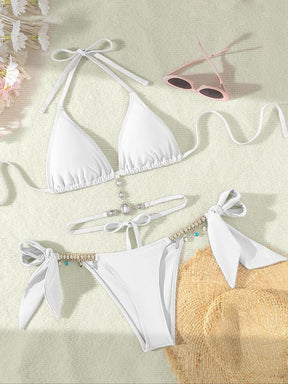 Women's Halter Tie Back Triangle Bra & Ring Linked Panty Bikini Set, Sexy Trendy Summer Swimsuit Set, Ladies Swimwear Rave Outfits, Beach Bikini Set, Halter Bathing Suit, Halter Swim Top, Halter Bikini Sets