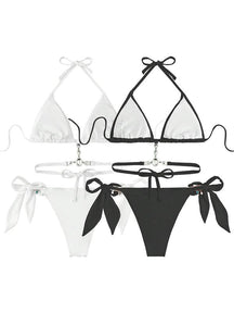 Women's Halter Tie Back Triangle Bra & Ring Linked Panty Bikini Set, Sexy Trendy Summer Swimsuit Set, Ladies Swimwear Rave Outfits, Beach Bikini Set, Halter Bathing Suit, Halter Swim Top, Halter Bikini Sets