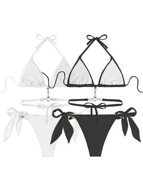 Women's Halter Tie Back Triangle Bra & Ring Linked Panty Bikini Set, Sexy Trendy Summer Swimsuit Set, Ladies Swimwear Rave Outfits, Beach Bikini Set, Halter Bathing Suit, Halter Swim Top, Halter Bikini Sets