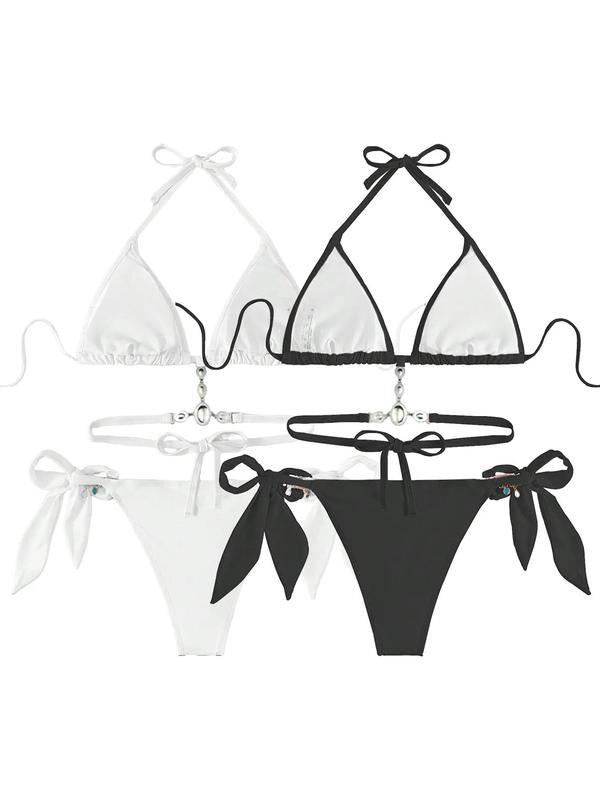 Women's Halter Tie Back Triangle Bra & Ring Linked Panty Bikini Set, Sexy Trendy Summer Swimsuit Set, Ladies Swimwear Rave Outfits, Beach Bikini Set, Halter Bathing Suit, Halter Swim Top, Halter Bikini Sets