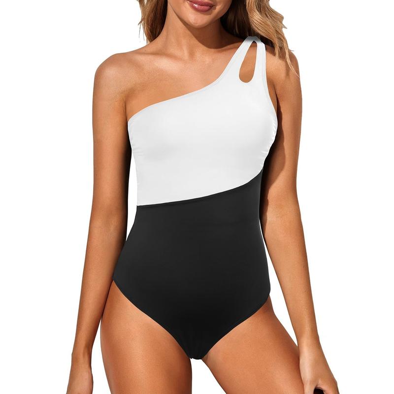 One Shoulder One Piece Swimsuit for Women Comfortable Tummy Control Bathing Suits Modest Full Coverage Keyhole Swimwear Beach Swimming Clothing