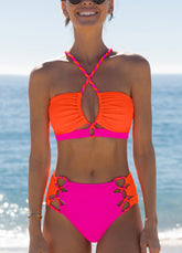 Color Block Front Cutout One Piece Swimsuit,Adjustable Bandage Design Tummy Control Neon Swimsuit for Vacation,dealsforyoudays