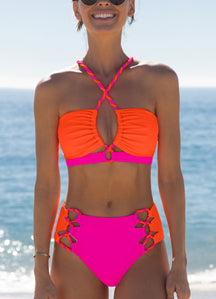 Color Block Front Cutout One Piece Swimsuit,Adjustable Bandage Design Tummy Control Neon Swimsuit for Vacation,dealsforyoudays