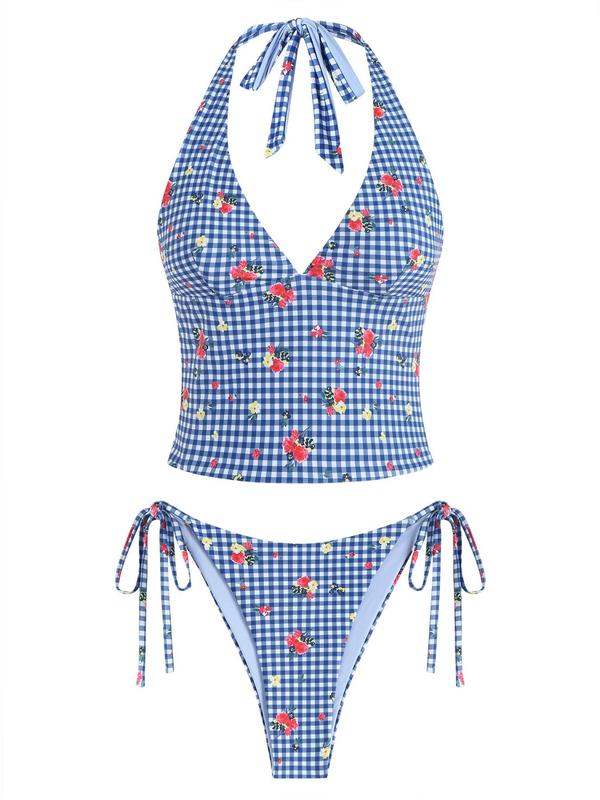 Women's Summer Beach Floral Leaves Halter Tied Tank Style Full Coverage Bikini Tankini Set Two Piece Bathing Suits