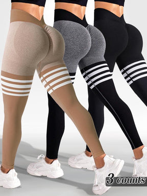 Sporty Women's Striped Print Ruched V-waist Back Sports Leggings, High Stretch Seamless Yoga Leggings, Ladies Sportswear for Indoor Outdoor Wear, Tummy Control Leggings, Legging Pants, Legging Fitness, Gym Yoga Clothing