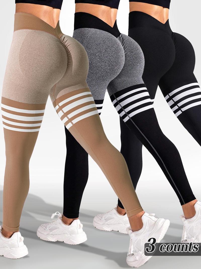 Sporty Women's Striped Print Ruched V-waist Back Sports Leggings, High Stretch Seamless Yoga Leggings, Ladies Sportswear for Indoor Outdoor Wear, Tummy Control Leggings, Legging Pants, Legging Fitness, Gym Yoga Clothing