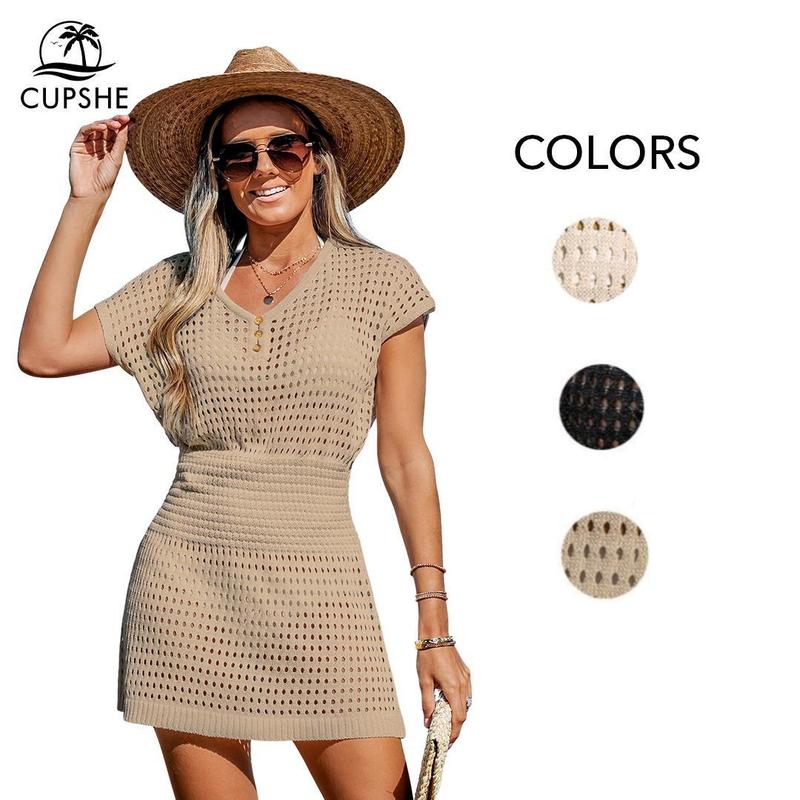 Women's Swimwear Hollow Out Crochet Beach Cover Up Summer Dresses V Neck Swimsuit Short Sleeve Summer Womenswear Bathing Suits #TikTokShopBacktoSchool