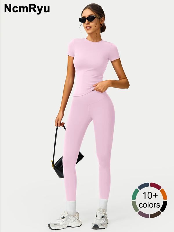 2PCS Women Quick Dry  Yoga Set Workout Sportswear Gym Clothing Fitness Short Sleeve Top High Waist Leggings Sports Suits