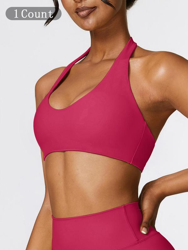Women's Solid Wireless Halter Sports Bra, Breathable Comfortable High Stretch Sports Bra, Ladies Sportswear for Workout Gym Yoga, Fitness Clothes, Wireless Sports Bras, Yoga Workout Activewear