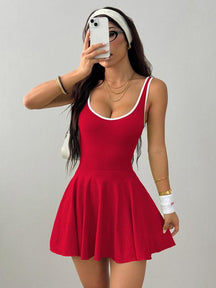 Women's Solid Contrast Trim Backless Sports Dress, High Stretch Sporty Comfortable Breathable Sports Dress with Built-in Pocket, Ladies Sportswear for All Seasons, Tennis Attire, Sporty Chic Dress, Gym Dress, Tennis Athletic Dress, Yoga Active Dress