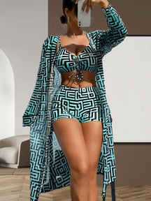 Three-piece Set Women's Geometric Print Drawstring Swimsuit Set, Bikini Sets, Ladies Swimwear for All Seasons, Bikini Top Trunks, Bikini Outfits, Beach Ready, Beachwear, Summer Swimsuit Set, Bikini Bottom