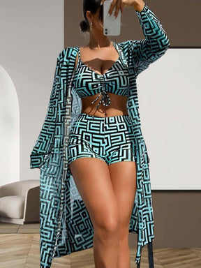 Three-piece Set Women's Geometric Print Drawstring Swimsuit Set, Bikini Sets, Ladies Swimwear for All Seasons, Bikini Top Trunks, Bikini Outfits, Beach Ready, Beachwear, Summer Swimsuit Set, Bikini Bottom