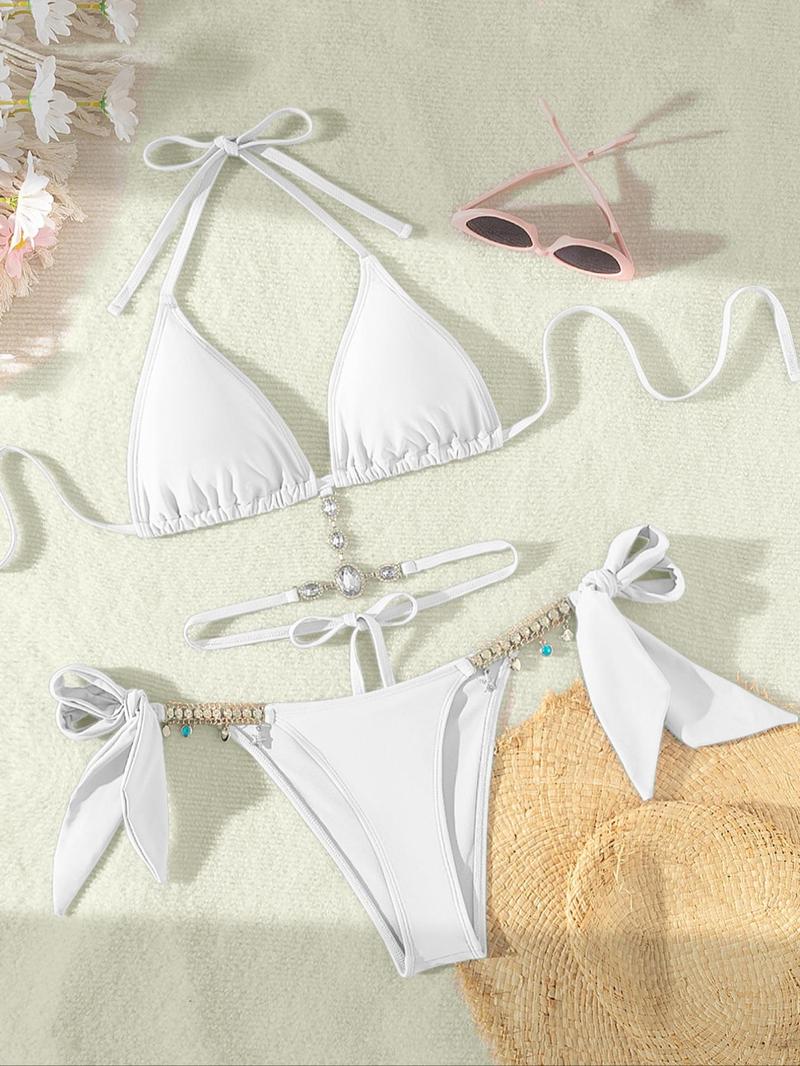 Women's Halter Tie Back Triangle Bra & Ring Linked Panty Bikini Set, Sexy Trendy Summer Swimsuit Set, Ladies Swimwear Rave Outfits, Beach Bikini Set, Halter Bathing Suit, Halter Swim Top, Halter Bikini Sets