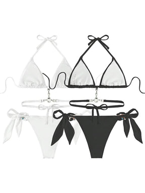 Women's Halter Tie Back Triangle Bra & Ring Linked Panty Bikini Set, Sexy Trendy Summer Swimsuit Set, Ladies Swimwear Rave Outfits, Beach Bikini Set, Halter Bathing Suit, Halter Swim Top, Halter Bikini Sets