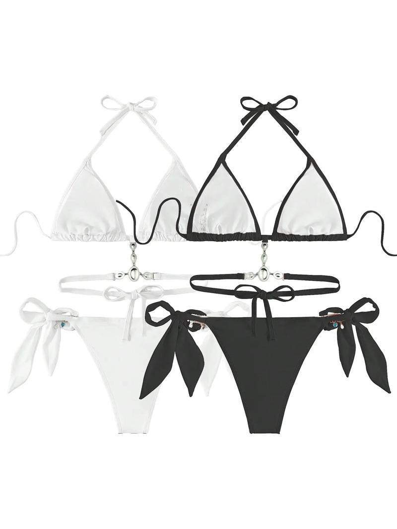 Women's Halter Tie Back Triangle Bra & Ring Linked Panty Bikini Set, Sexy Trendy Summer Swimsuit Set, Ladies Swimwear Rave Outfits, Beach Bikini Set, Halter Bathing Suit, Halter Swim Top, Halter Bikini Sets