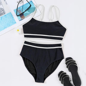 Women's Ribbed Bikini Sets Color Block Swimsuit High Waisted Bathing Suit Swimming Clothing Beach Water Sports Swimwear