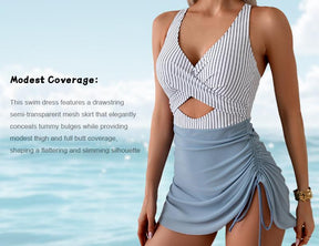 Women Mesh One Piece Swimdress Swimsuit Tummy Control V Neck Cutout Bathing Suit Wrap Drawstring Sarong Swimwear Deals for You Days