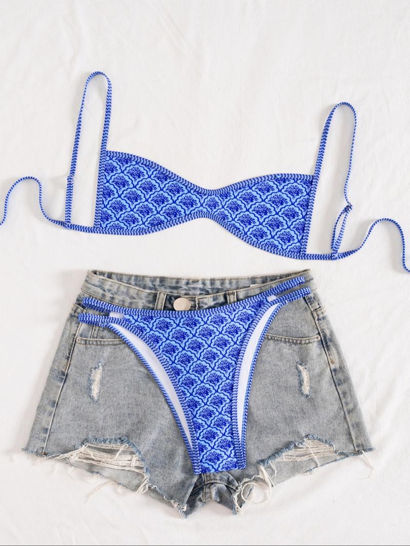 Two-Piece Set Women's Floral Print Bikini Set, Casual Fashion Chic Swimsuit Set for Beach Holiday Vacation, Ladies Summer Clothes, Bikinis Sets, Bikini Top & Floral Bikini Bottom, Beach Bathing Suit, Floral Print Spaghetti Strap Swimsuit