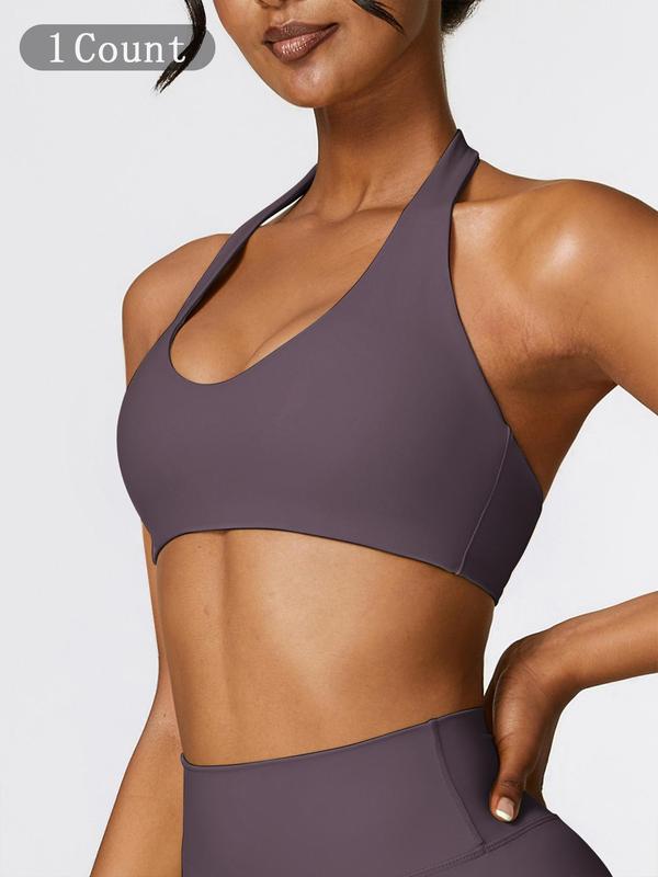 Women's Solid Wireless Halter Sports Bra, Breathable Comfortable High Stretch Sports Bra, Ladies Sportswear for Workout Gym Yoga, Fitness Clothes, Wireless Sports Bras, Yoga Workout Activewear