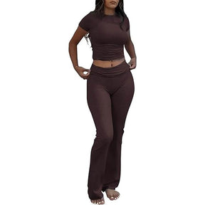 Yoga Women's two-piece casual wear slim fit short sleeved top, low waist bell bottom pants tight pants set, yoga sportswear set, yoga suit, sportswear, slim fit set, fitness set, pajamas set   tracksuits men Loungewear Womenswear Outfit