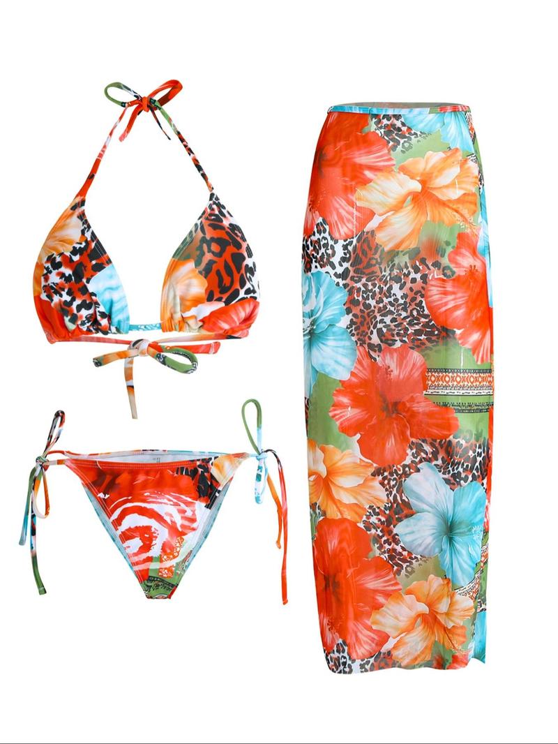 Women's Floral Print Halter Bikini Set, Casual Tie Back Contrast Mesh Swim Top & Tie Side Swim Bottom & Cover Up Skirt Set, Ladies Swimsuit for Beach Holiday Vacation, Bikinis Sets, Halter Top Swimwear, Bikini Outfits, Floral Tropical Bikini