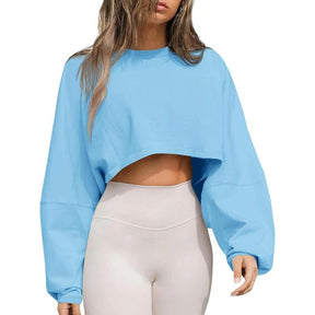 Womens Long Ballon Sleeve Sweatshirts Tops Cropped Crew Neck Loose Fit Casual Workout Shirts