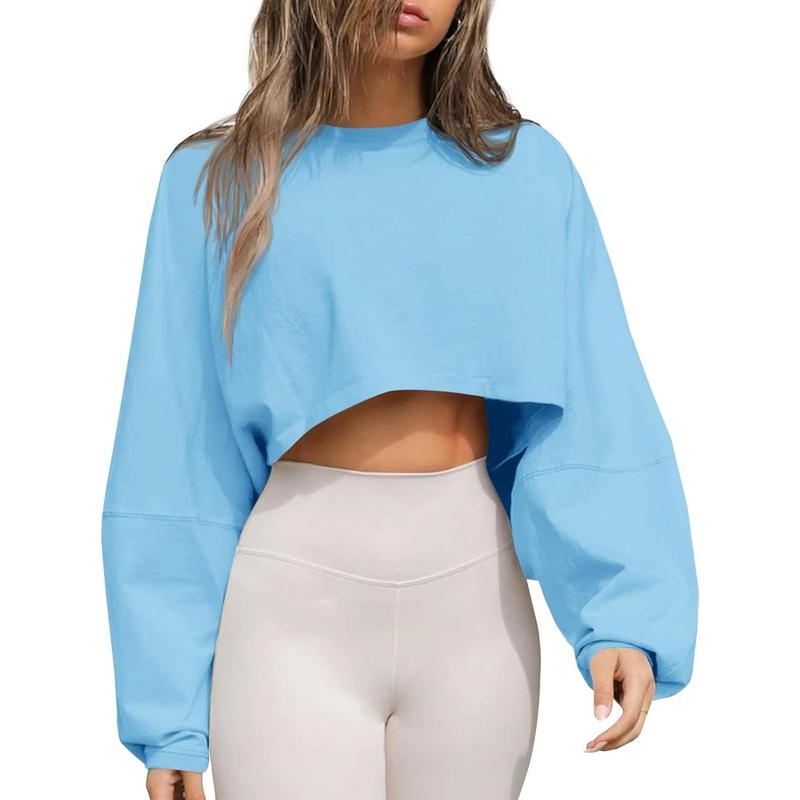 Womens Long Ballon Sleeve Sweatshirts Tops Cropped Crew Neck Loose Fit Casual Workout Shirts