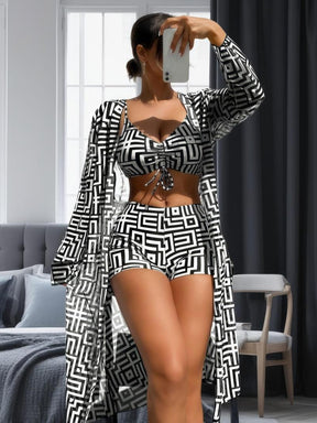 Three-piece Set Women's Geometric Print Drawstring Swimsuit Set, Bikini Sets, Ladies Swimwear for All Seasons, Bikini Top Trunks, Bikini Outfits, Beach Ready, Beachwear, Summer Swimsuit Set, Bikini Bottom