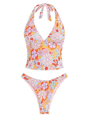 Women's Summer Beach Floral Leaves Halter Tied Tank Style Full Coverage Bikini Tankini Set Two Piece Bathing Suits