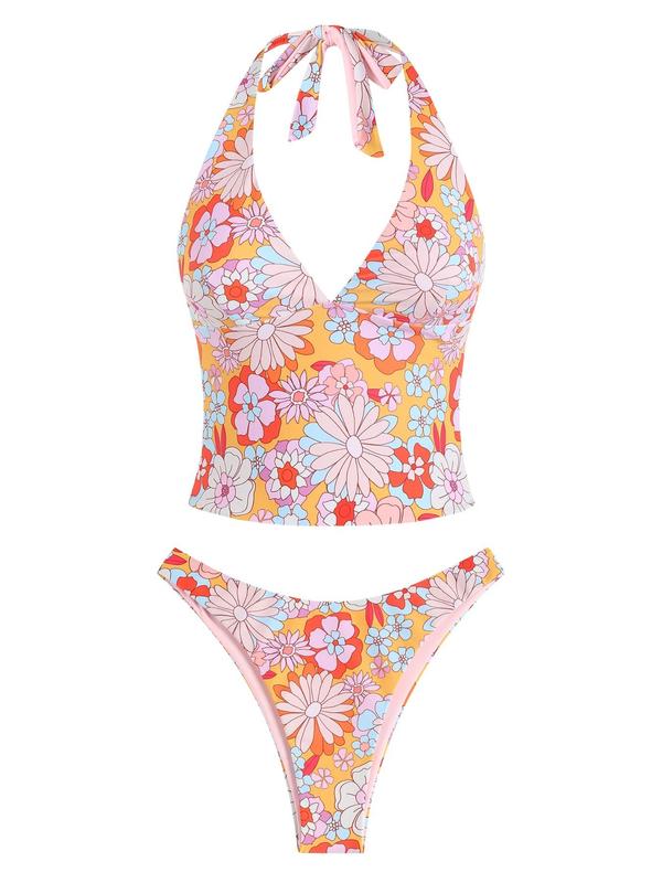 Women's Summer Beach Floral Leaves Halter Tied Tank Style Full Coverage Bikini Tankini Set Two Piece Bathing Suits