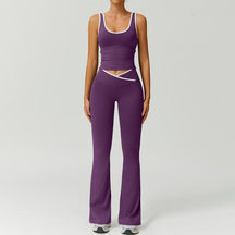 Color Block U-Neck Piped Tank & Bell Bottom Set , Stretch Fabric, Flared Fit , Yoga, Gym, Outdoor & Daily Athleisure , Wome Stylish Activewearn's Summer Lounge Sweatsuits Sleeveless Exercise