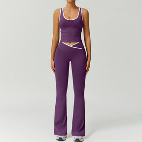 Color Block U-Neck Piped Tank & Bell Bottom Set , Stretch Fabric, Flared Fit , Yoga, Gym, Outdoor & Daily Athleisure , Wome Stylish Activewearn's Summer Lounge Sweatsuits Sleeveless Exercise