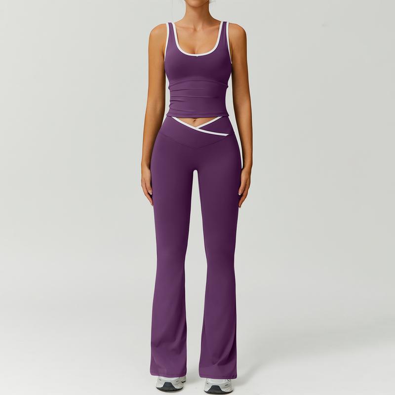 Color Block U-Neck Piped Tank & Bell Bottom Set , Stretch Fabric, Flared Fit , Yoga, Gym, Outdoor & Daily Athleisure , Wome Stylish Activewearn's Summer Lounge Sweatsuits Sleeveless Exercise